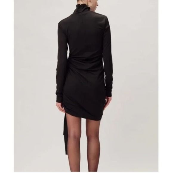 Ronny Kobo Renaldo Black Ruched Asymmetrical Drape Mock Neck Mini Dress L - Picture 9 of 9